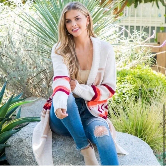 LAST ONE: Women’s Aztec print fall colors knee length cardigan sweater - Picture 4 of 4